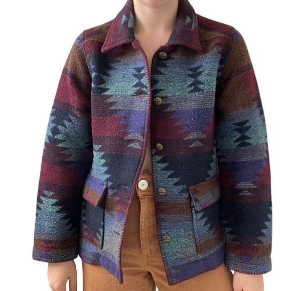 Vintage 90s Womens Wool Blend Aztec Southwestern Bohemian Fleece Jacket Sz L - Picture 9 of 9